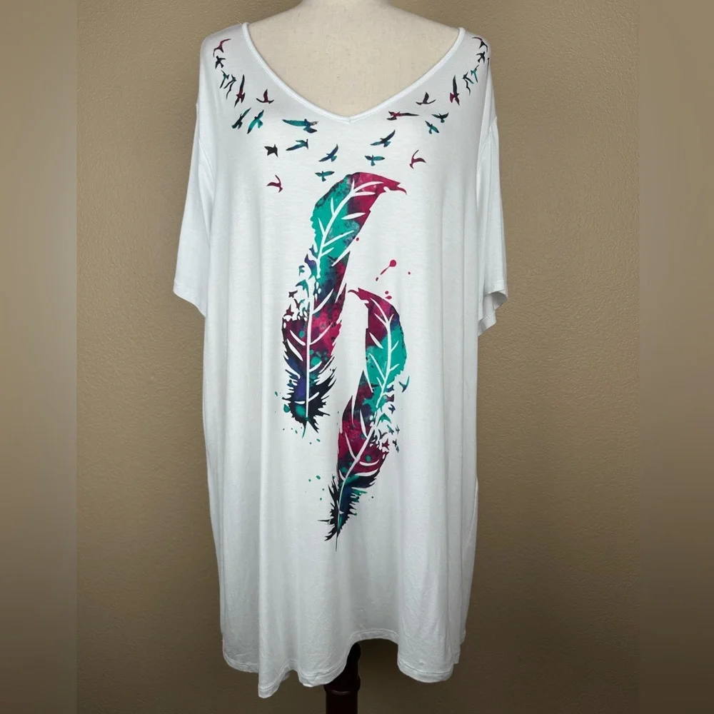 Anthony Richards Watercolor Dove & Feathers White Shirt. Size- 3X - Picture 1 of 7